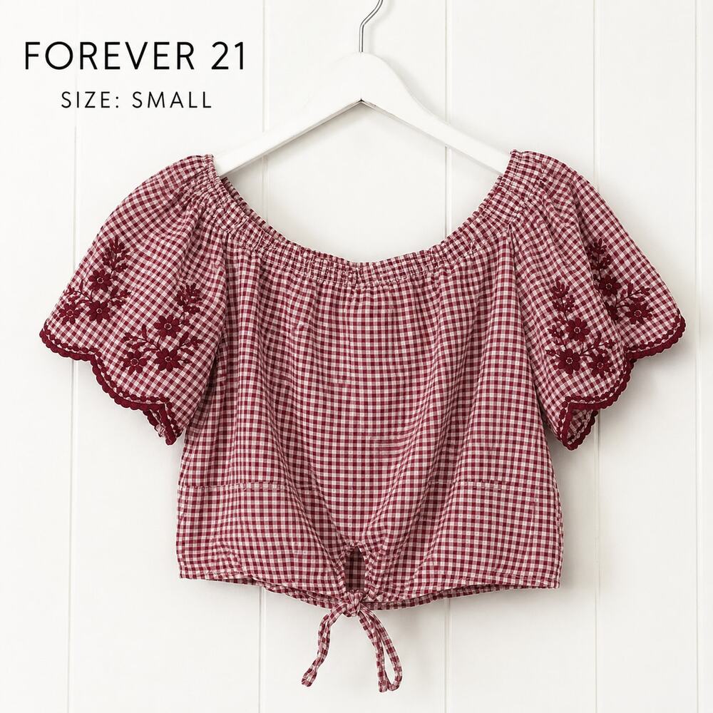 Forever 21 Gingham Crop Top Mauve Puff Sleeve Embroidered Women's Small